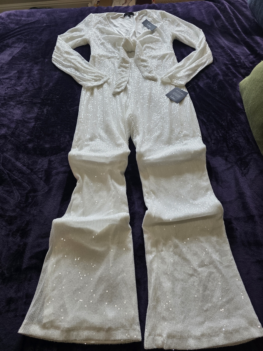 Lulus Ivory White Sequin Long Sleeve Flare Jumpsuit – NWT Size XL Out Of Stock.